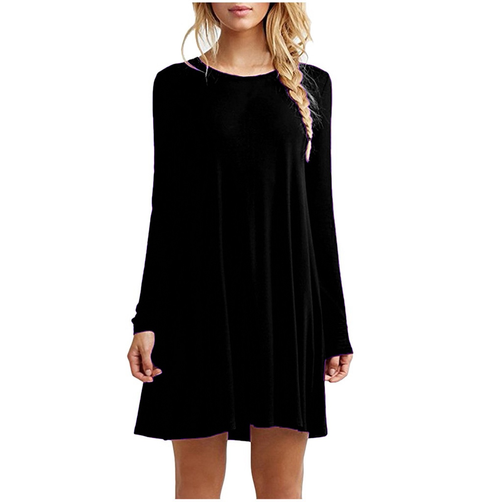 thumbnail image 2 of Vestido mini con cuello redondo y volantes de manga larga para mujer - Poliéster/spandex, corte holgado - Tallas S-XXXL, 2 of 5